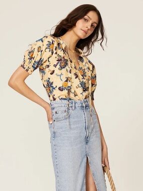 A.L.C. Yellow Floral V-Neck Blouse with Blue & Orange Accents